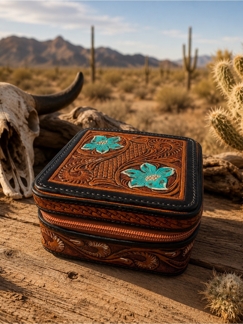 Tooled Hand-painted Leather Zip Jewlery Box